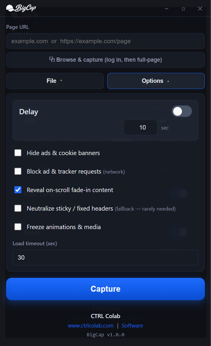 The Options menu open, showing Delay, Hide ads, Block requests, Reveal on-scroll, Neutralize headers, Freeze animations, and Load timeout