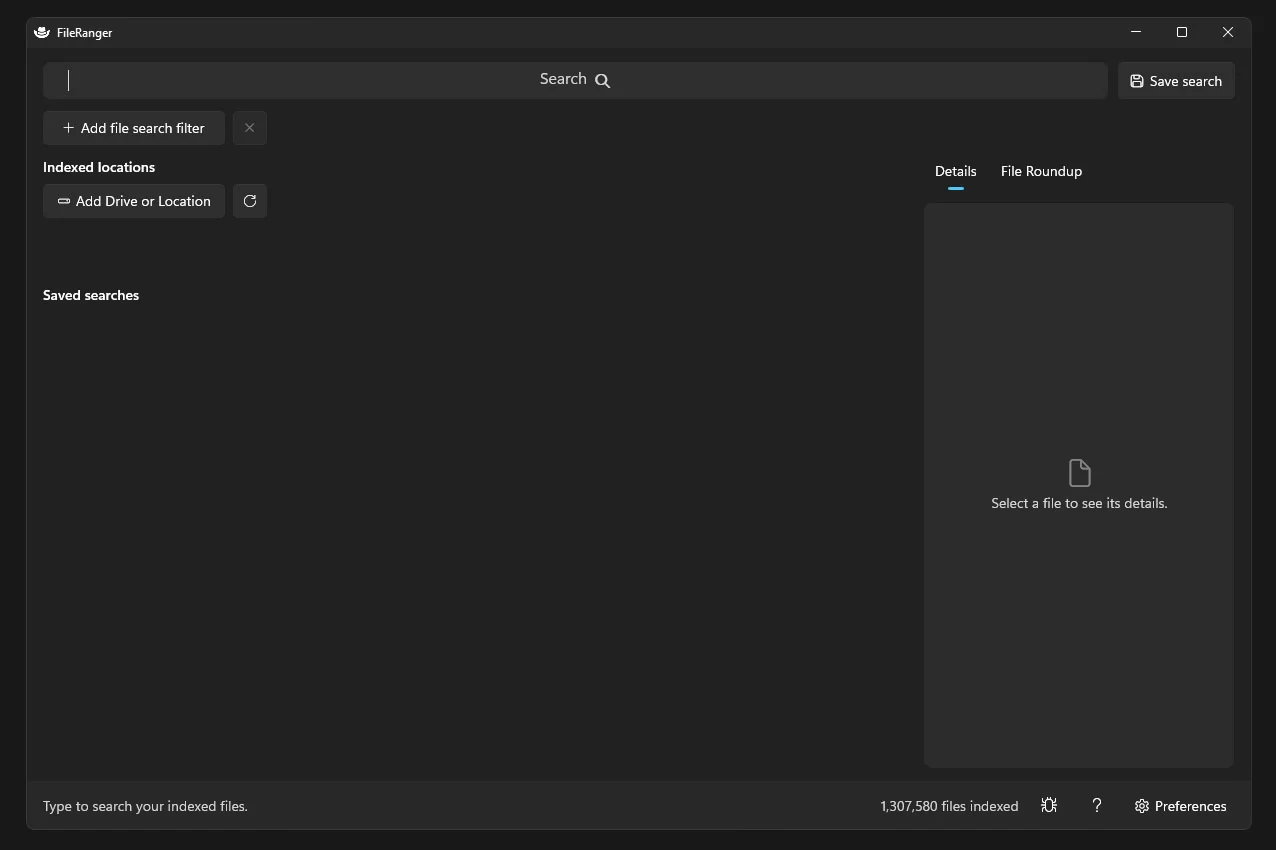 FileRanger indexing a drive in three stages: no locations added, a drive being added, then the drive indexed and ready to search