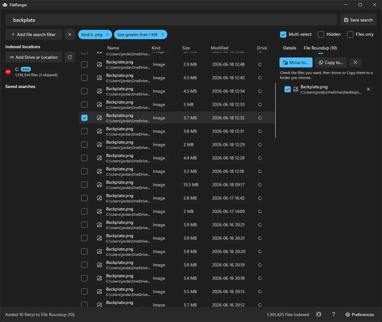 Quick Look preview window showing a full-size image over the results list, opened with the spacebar