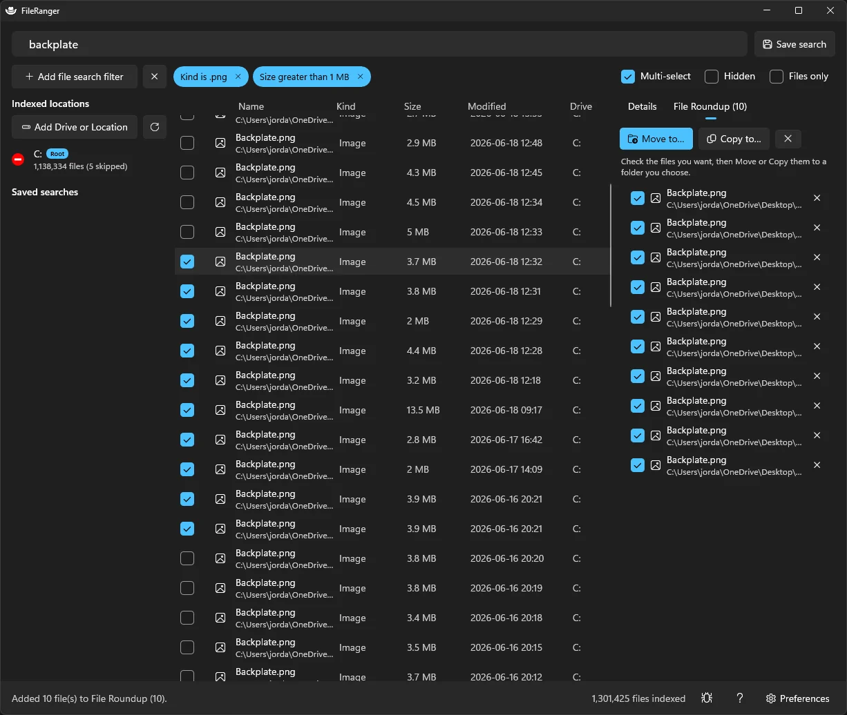 File Roundup panel with ten checked files collected from search results, ready to Move to or Copy to a chosen folder