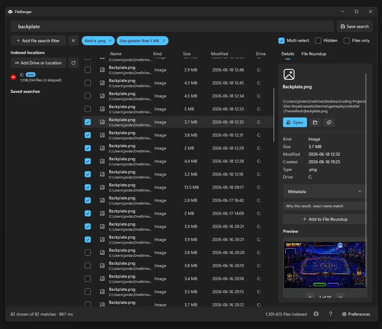 FileRanger mid-search: filter chips for kind and size narrow results while the Details panel previews the selected image