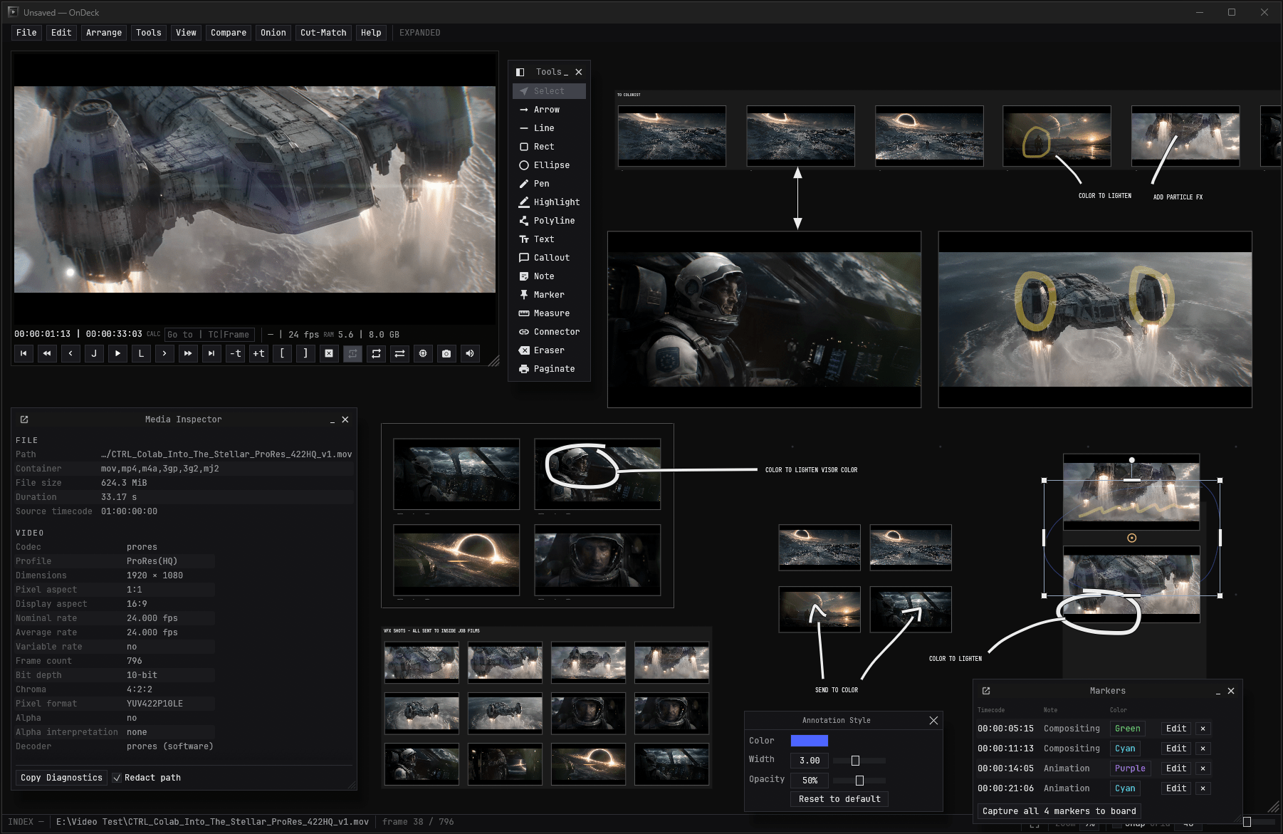 The OnDeck board: captures from a ProRes source arranged into groups, annotated with arrows, circles and notes, alongside the player, Tools palette, Media Inspector and Markers list.