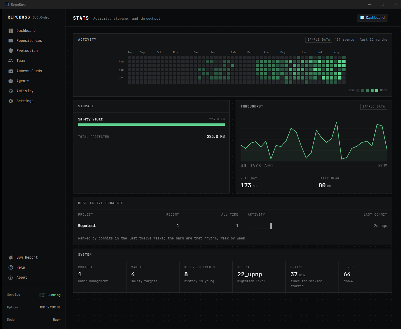 The RepoBoss window showing the Stats screen with activity, storage and throughput